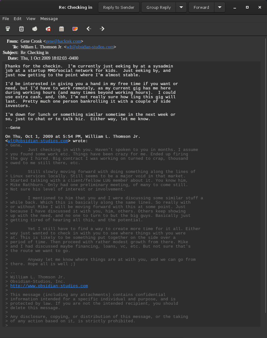 2009 Gene Cronk Reply to William's job posting