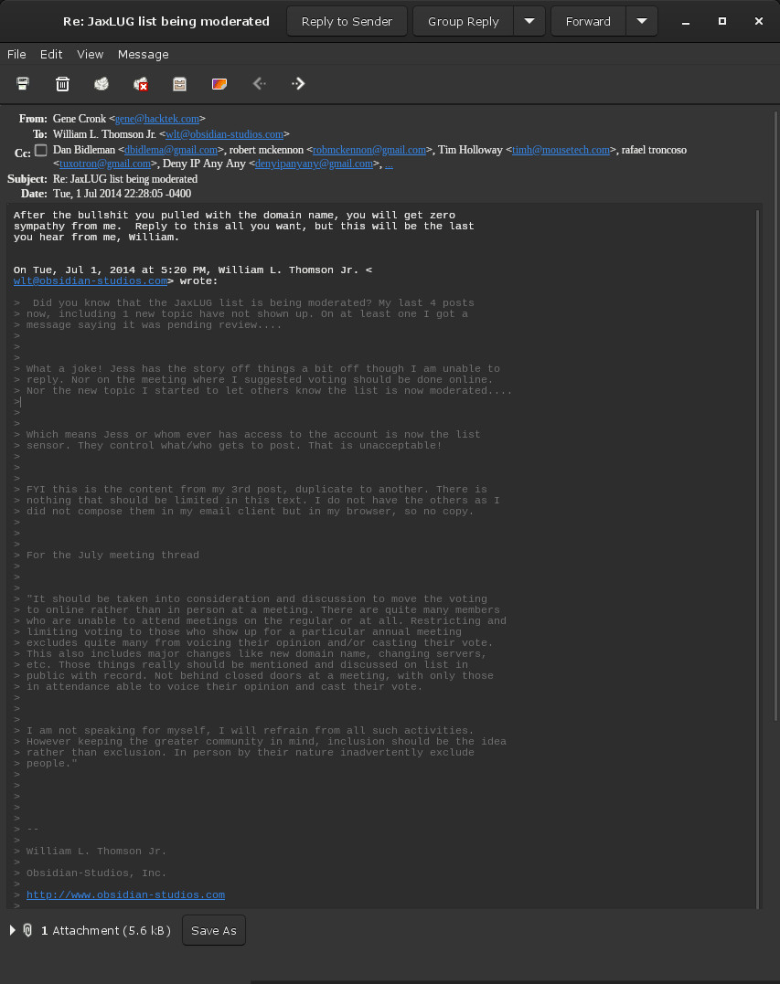 Gene Cronk Rude Email Reply to William
