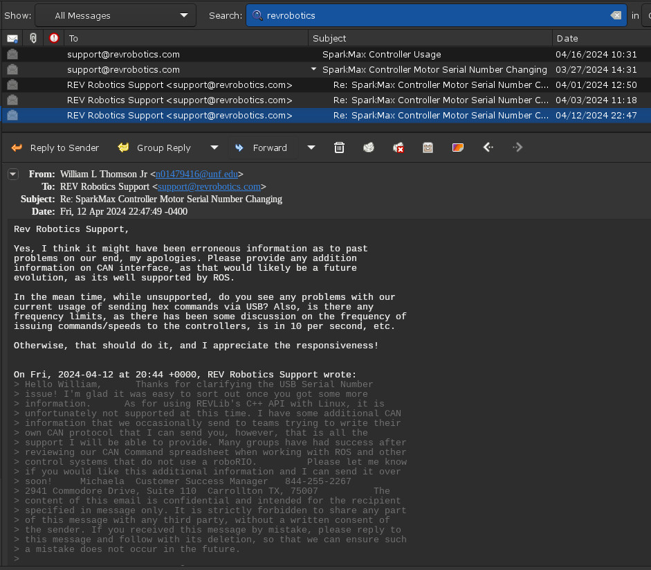 2024 William Thomson RevRobotics Email Inquiry
