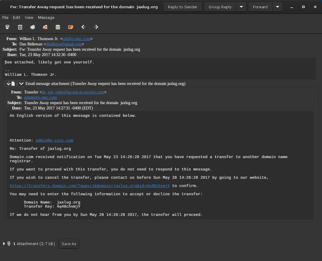 Screenshot of William's JaxLUG.org Domain Transfer Email to Dan