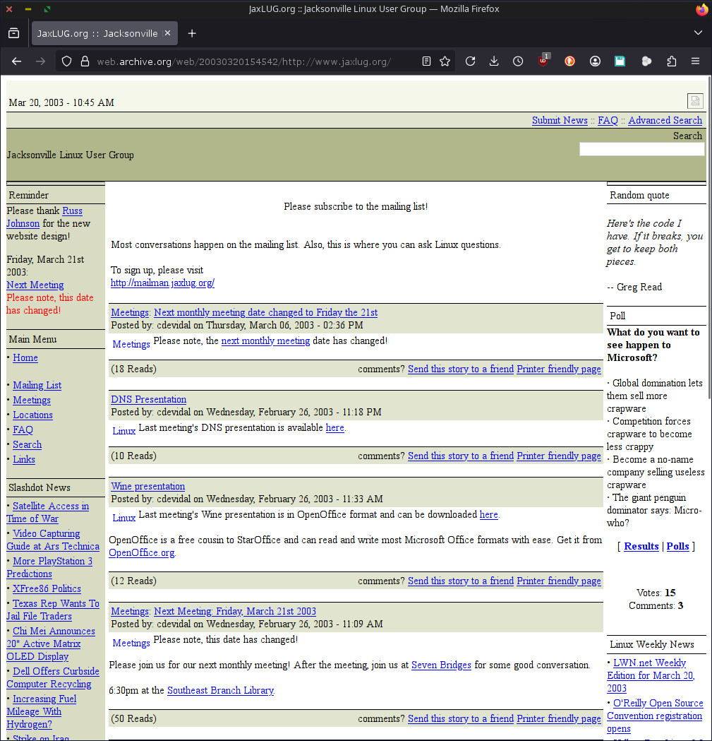 Archive.org March 20th, 2003 http://www.jaxlug.org/